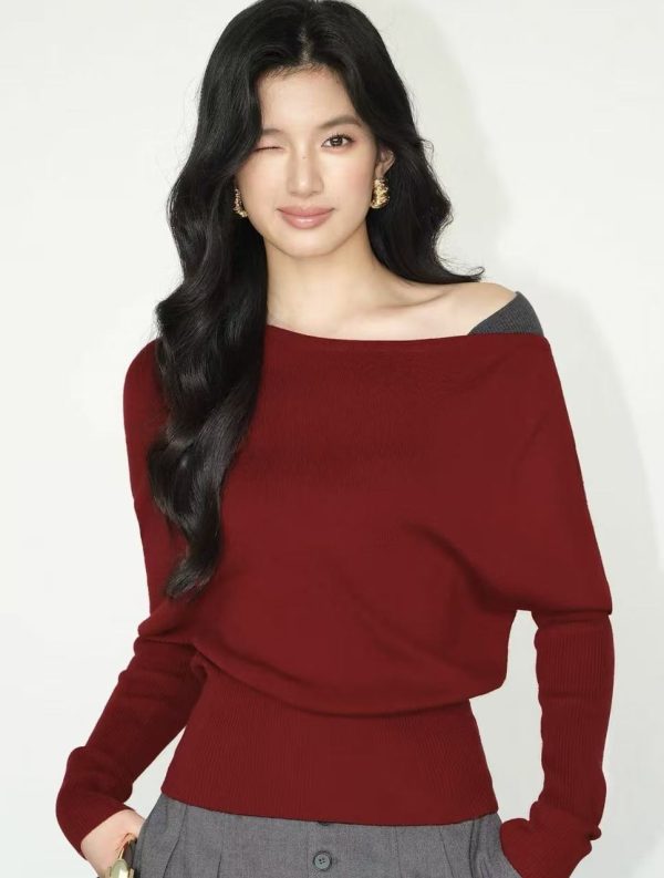 slanted shoulder contrasting splicing pullover knit sweater