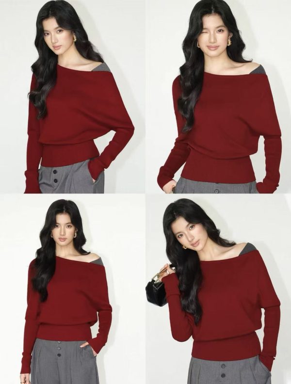 slanted shoulder contrasting splicing pullover knit sweater