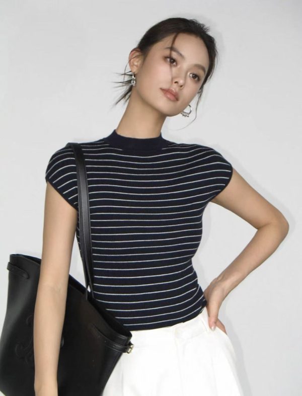 striped half turtleneck knit base shirt