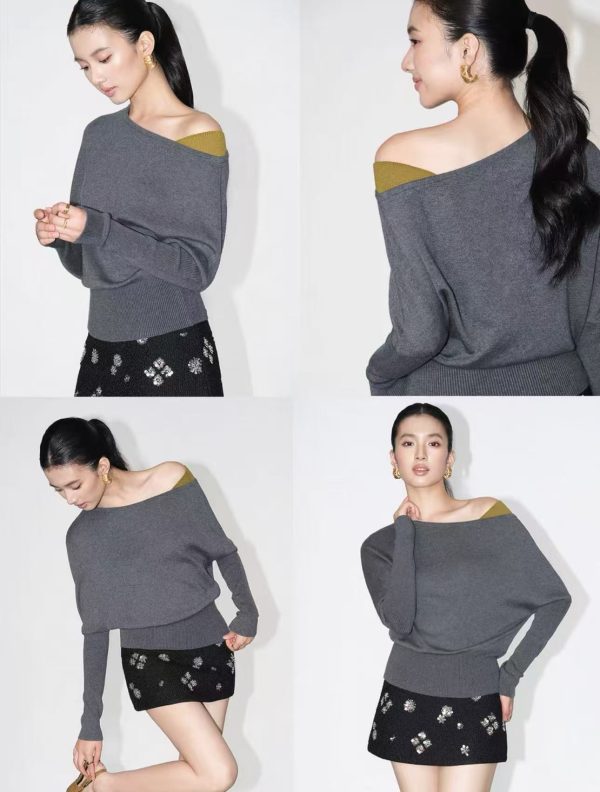 slanted shoulder contrasting splicing pullover knit sweater