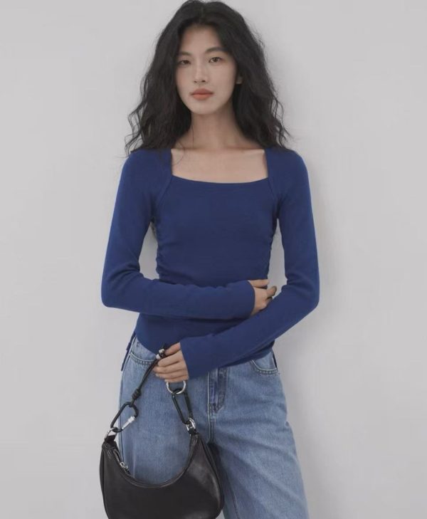 square collar pleated long sleeve blouse