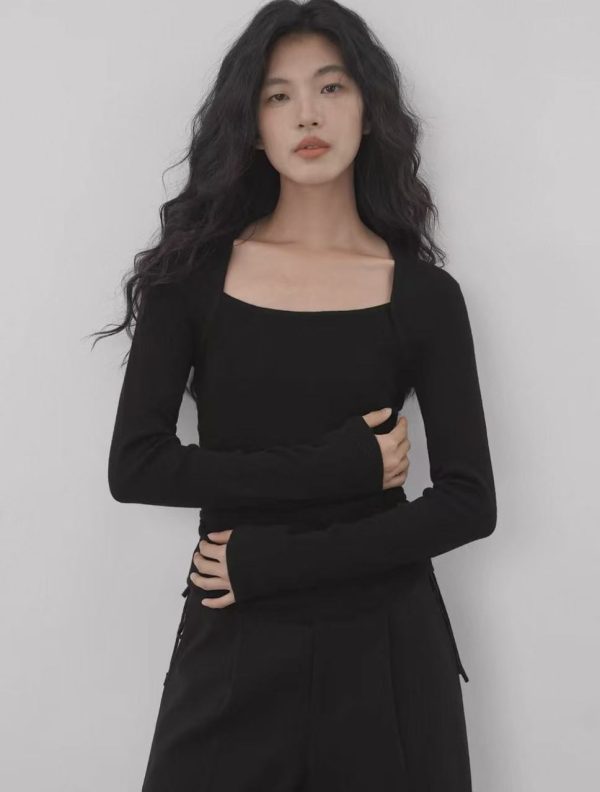 square collar pleated long sleeve blouse