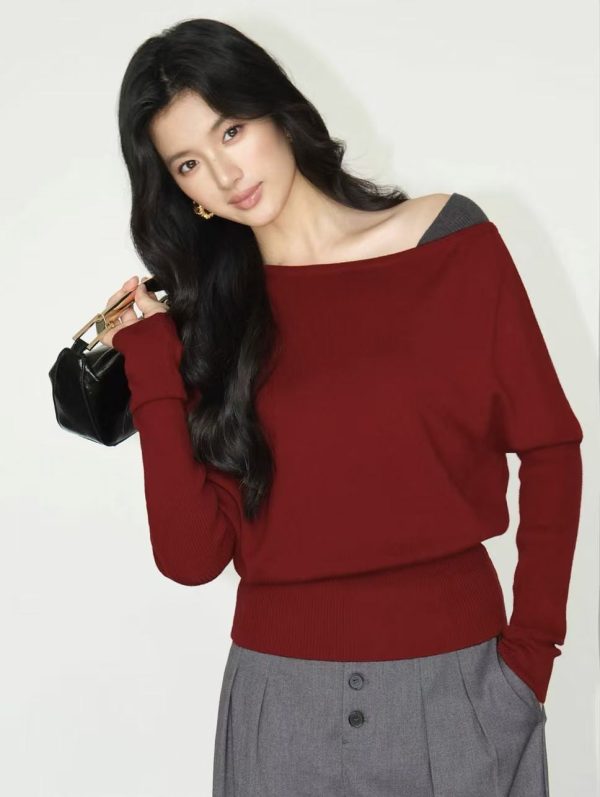 slanted shoulder contrasting splicing pullover knit sweater