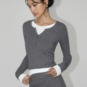 color block faux two piece long sleeve knit sweater