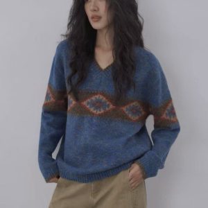 retro jacquard v neck sweater