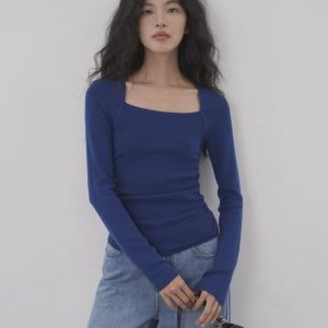 square collar pleated long sleeve blouse