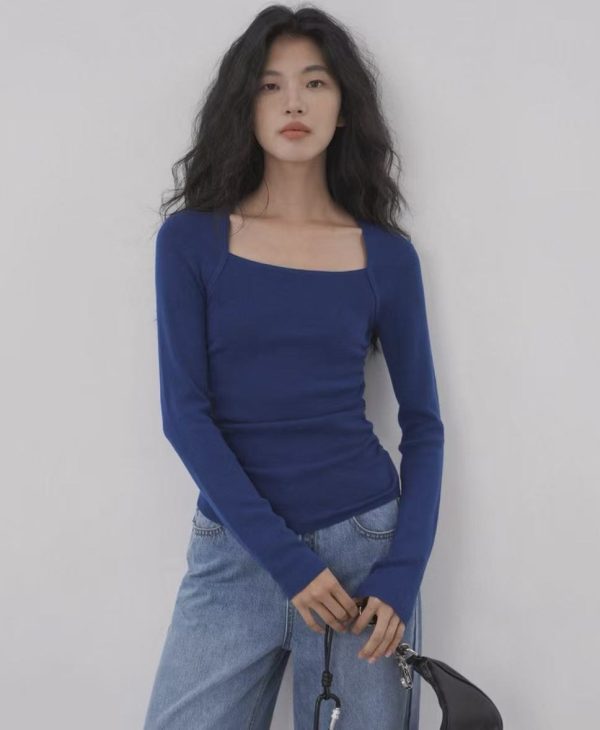 square collar pleated long sleeve blouse