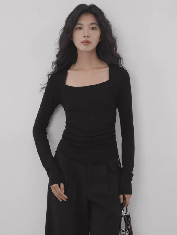 square collar pleated long sleeve blouse