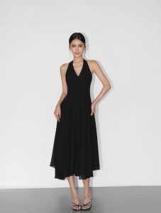 spaghetti strap cinched waist long dress
